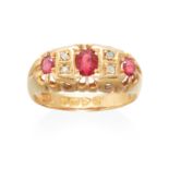 A GEM SET RING in 18ct yellow gold, set with three oval red gems and rose cut white gems, British