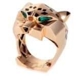 A PANTHERE DE CARTIER TSAVORITE GARNET, ONYX AND LACQUER RING, CARTIER in 18ct yellow gold, designed