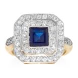 AN ART DECO SAPPHIRE AND DIAMOND RING in 18ct gold, the 1.21 carat step cut sapphire encircled by