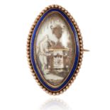 AN ANTIQUE MINIATURE, PEARL, HAIRWORK AND ENAMEL MOURNING BROOCH, 18TH CENTURY in high carat