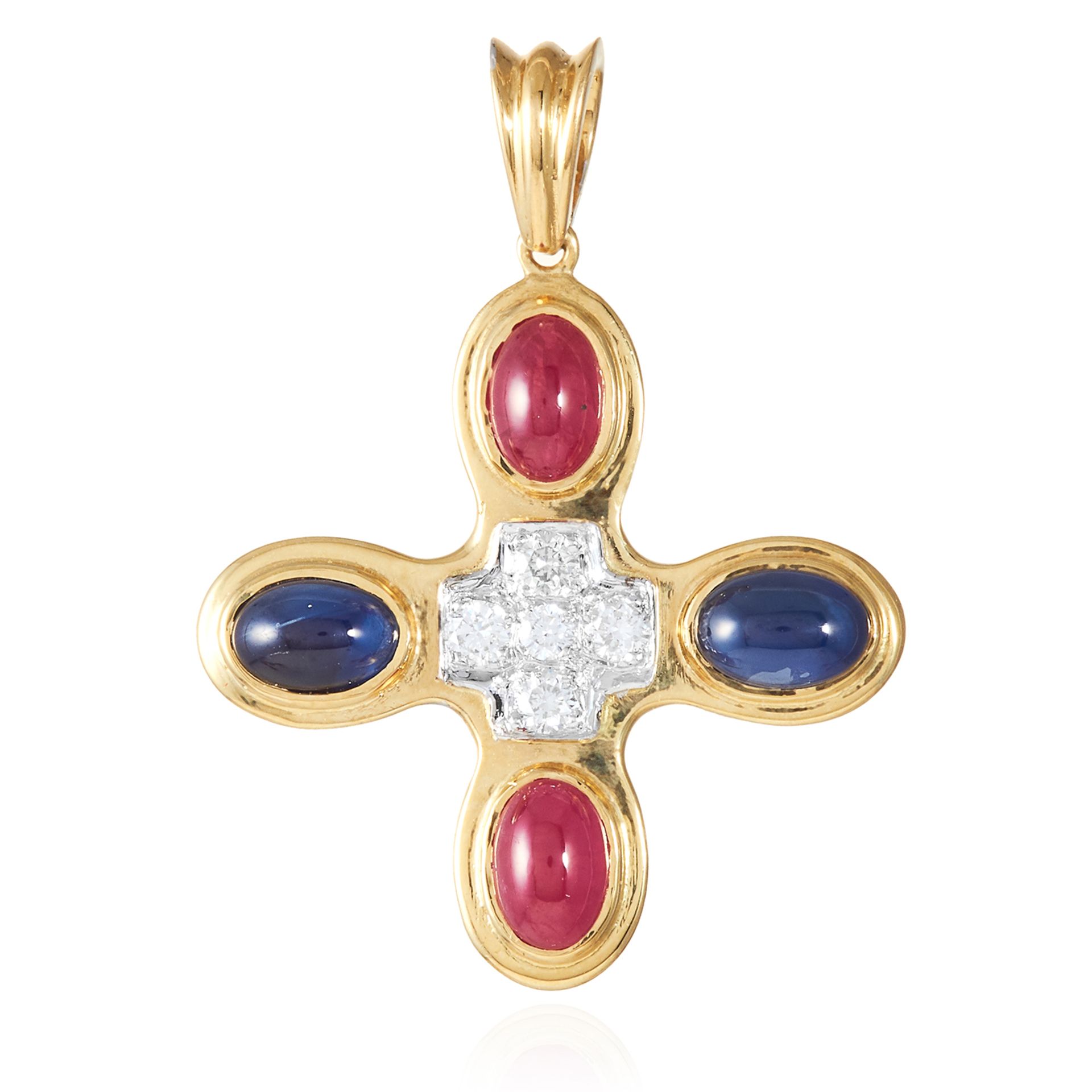 A RUBY, SAPPHIRE AND DIAMOND CROSS PENDANT in 18ct yellow gold, jewelled with two cabochon rubies,