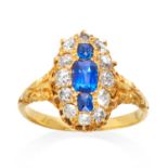 AN ANTIQUE SAPPHIRE AND DIAMOND RING, 19TH CENTURY in high carat yellow gold, the trio of unheated