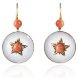 A PAIR OF ANTIQUE ROCK CRYSTAL, CORAL AND DIAMOND EARRINGS in high carat yellow gold, each