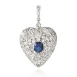 AN ANTIQUE SAPPHIRE AND DIAMOND HEART MOURNING LOCKET PENDANT in yellow gold and silver, the heart