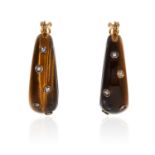 A PAIR OF TIGER EYE AND DIAMOND EARRINGS in 18ct yellow gold, comprising of carved tiger eye hoops