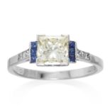 AN ART DECO DIAMOND AND SAPPHIRE RING in 18ct white gold, set with princess cut diamond of