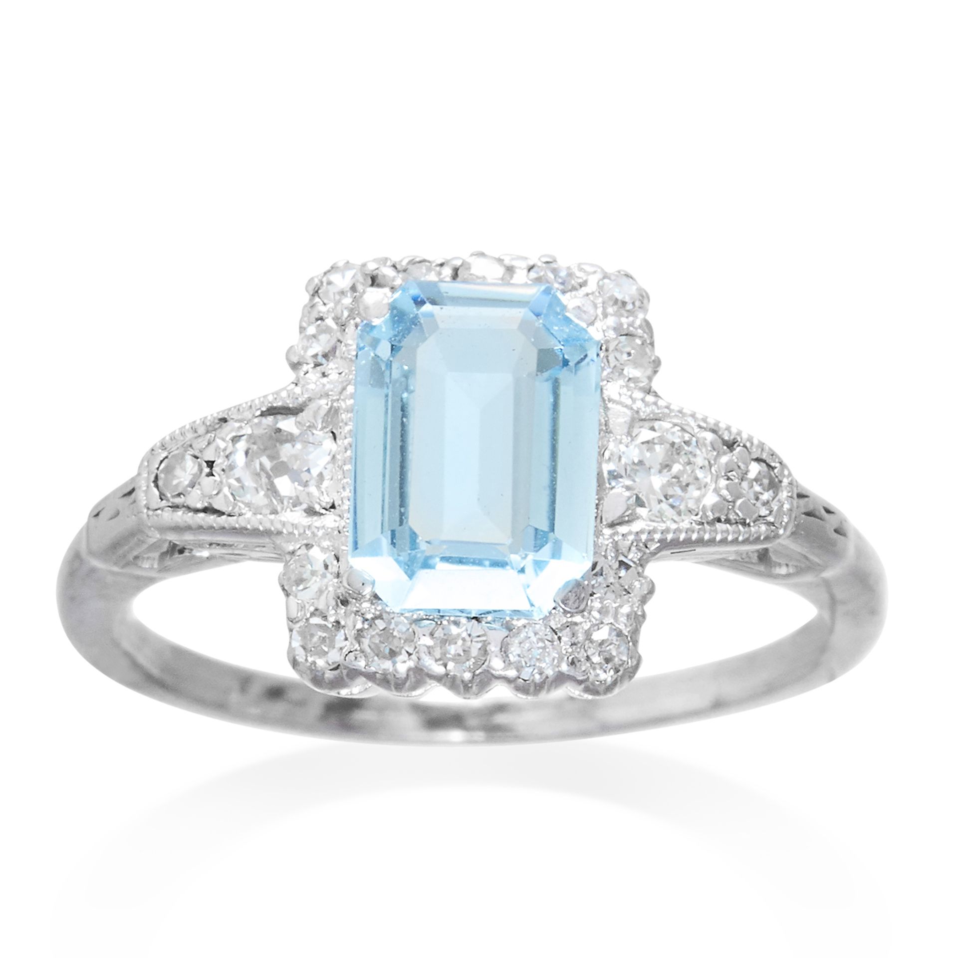 AN ART DECO AQUAMARINE AND DIAMOND RING in platinum or white gold, the step cut aquamarine of