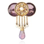 AN ANTIQUE AMETHYST PEARL AND ENAMEL BROOCH in yellow gold, the circular form jewelled with a