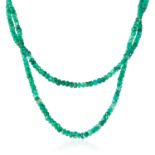 AN ANTIQUE EMERALD, PEARL AND DIAMOND NECKLACE in platinum or white gold, the two strands of