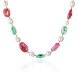 A NATURAL PEARL, RUBY, EMERALD AND DIAMOND NECKLACE in 18ct white gold, comprising a row of twenty-