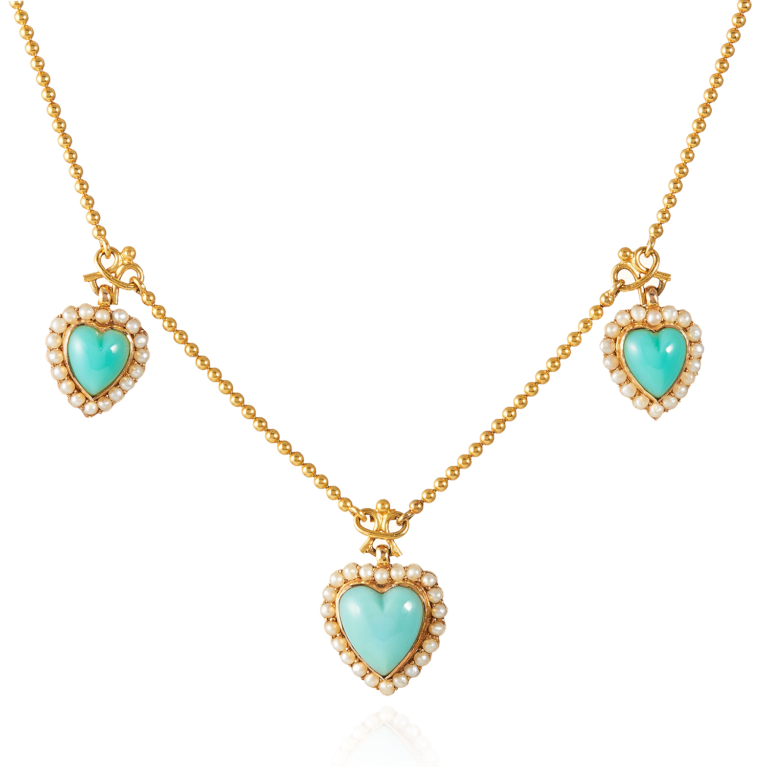 AN ANTIQUE TURQUOISE AND PEARL NECKLACE in yellow gold, the fancy beaded chain suspending a trio