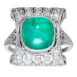 AN ANTIQUE COLOMBIAN EMERALD AND DIAMOND RING in platinum or white gold, the art deco design set