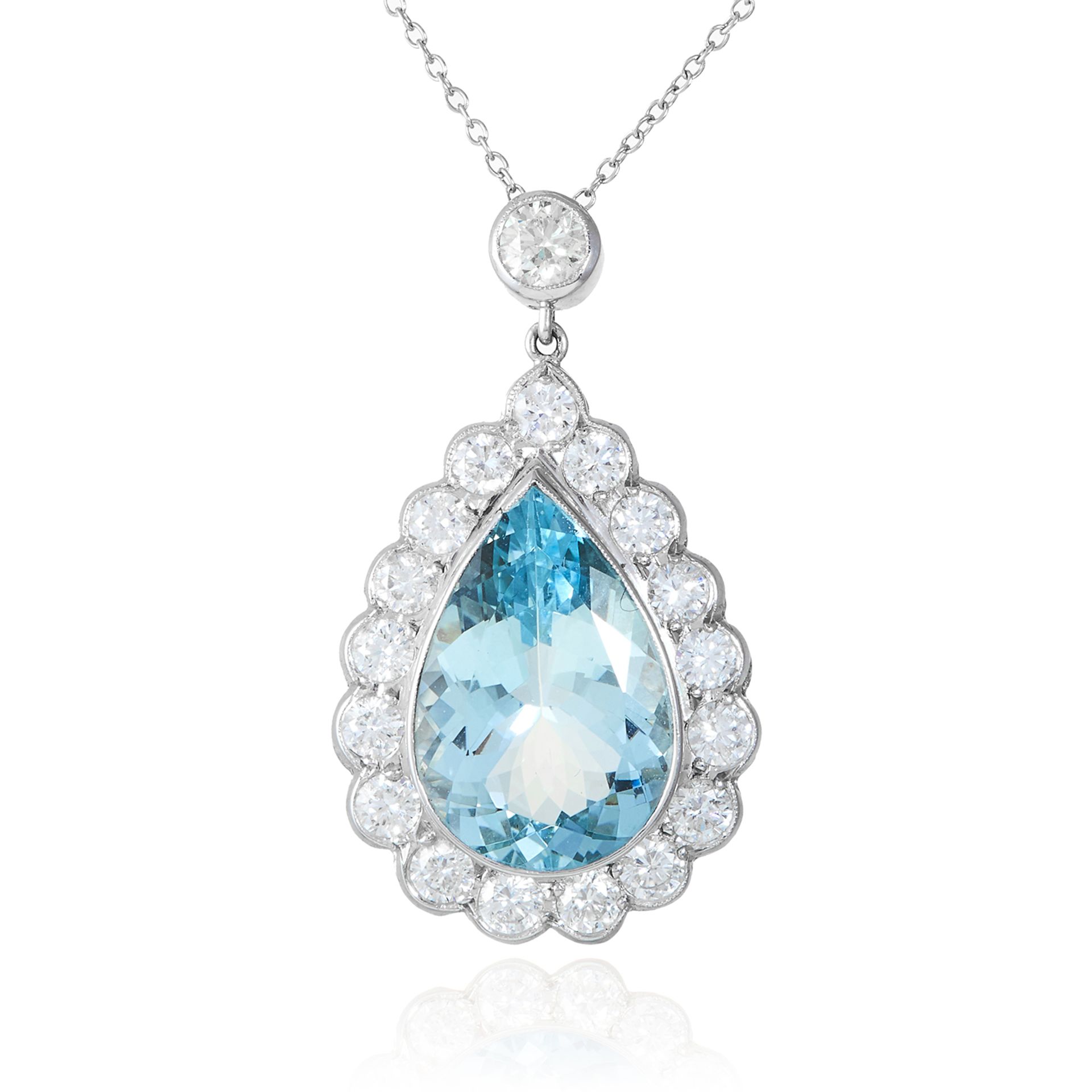 AN AQUAMARINE AND DIAMOND PENDANT in 18ct white gold, set with a pear cut aquamarine of