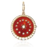 A PEARL, DIAMOND AND ENAMEL MOURNING PENDANT in high carat yellow gold, the red enamelled front