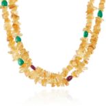 A CITRINE, EMERALD AND RUBY BEAD NECKLACE comprising of two rows of faceted citrine and polished