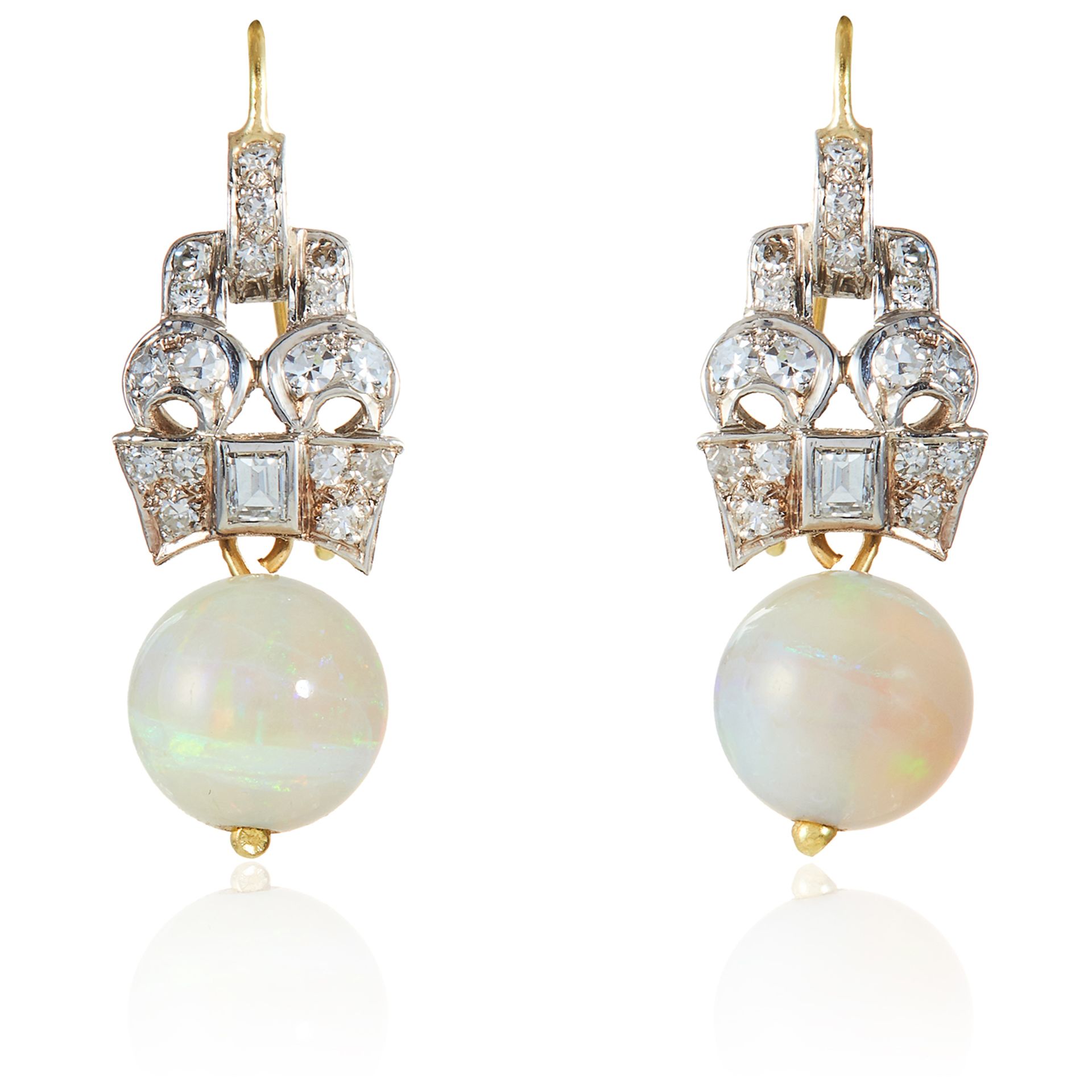 A PAIR OF ART DECO OPAL AND DIAMOND EARRINGS in gold and platinum, each suspending an opal bead of
