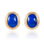 A PAIR OF VINTAGE LAPIS LAZULI AND DIAMOND EAR CLIPS in 14ct yellow gold, each set with a large