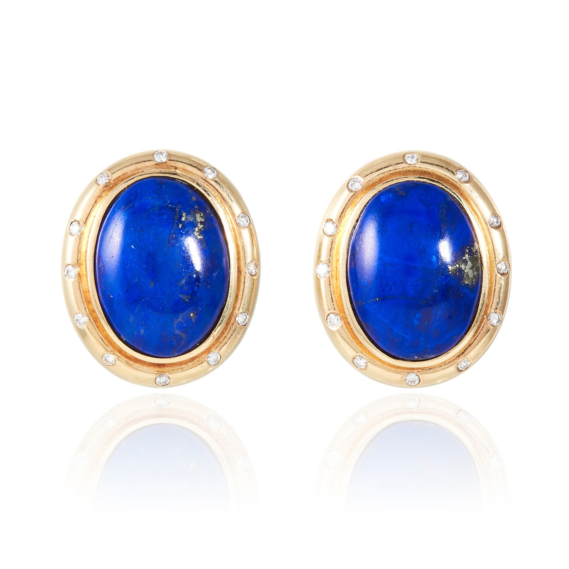 A PAIR OF VINTAGE LAPIS LAZULI AND DIAMOND EAR CLIPS in 14ct yellow gold, each set with a large