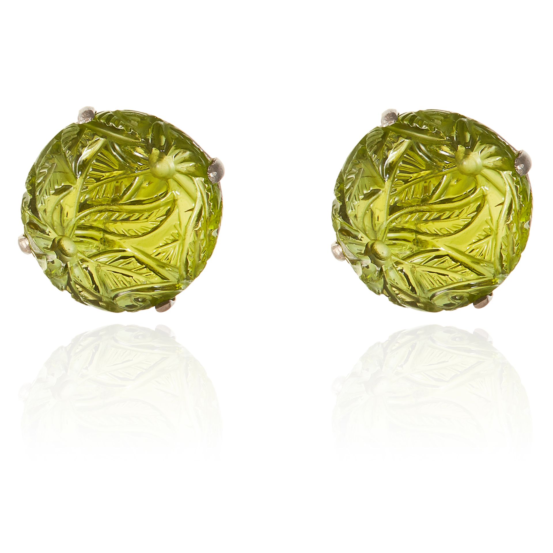 A PAIR OF CARVED TOURMALINE EARRINGS in white gold, each set with a Mughal style carved green