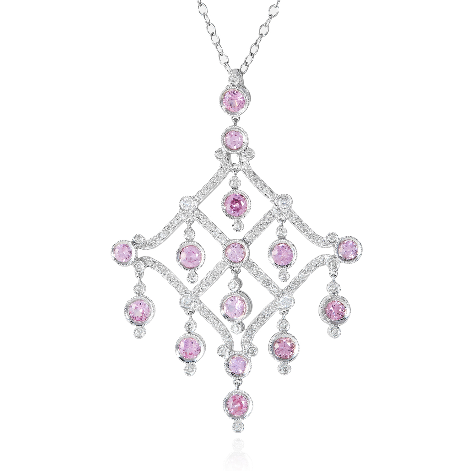 A PINK SAPPHIRE AND DIAMOND NECKLACE in 18ct white gold, suspending pendant jewelled with round