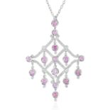 A PINK SAPPHIRE AND DIAMOND NECKLACE in 18ct white gold, suspending pendant jewelled with round