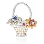 A SAPPHIRE, RUBY AND DIAMOND FLORAL BASKET BROOCH in yellow and white gold, depicting a basket of