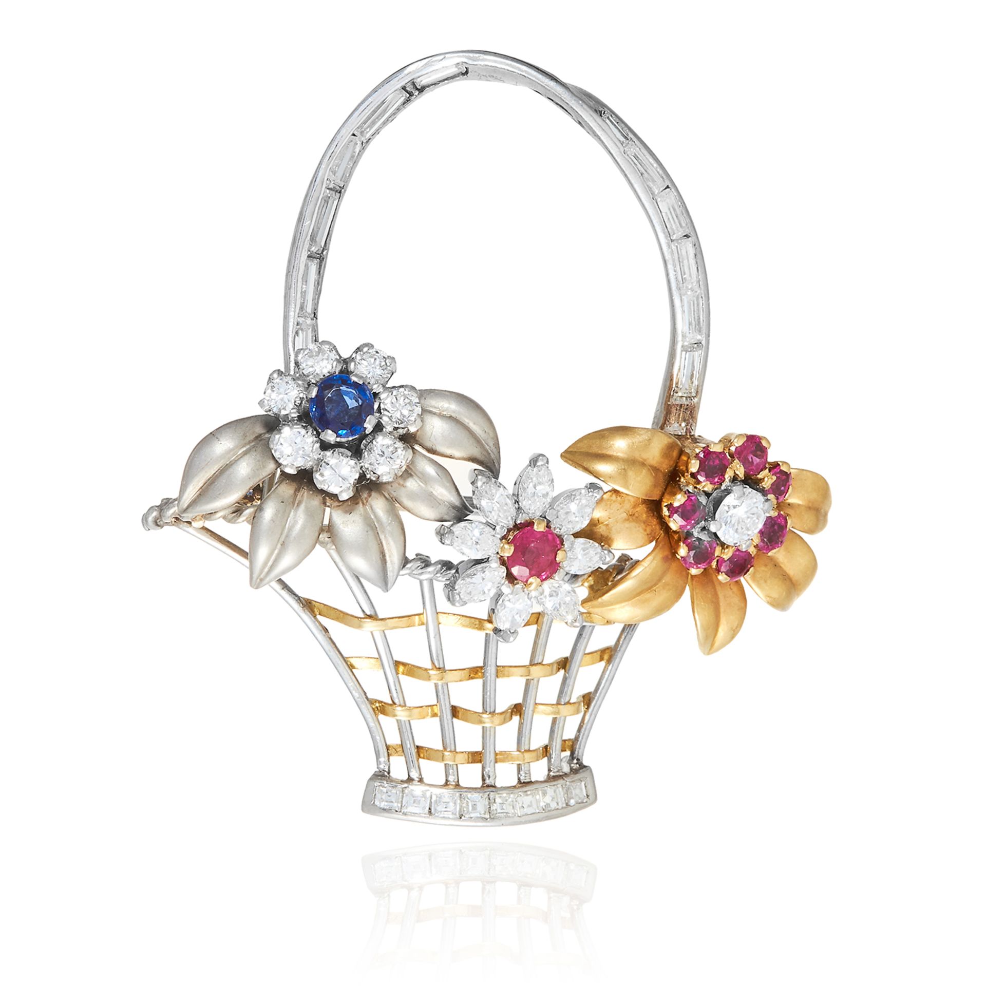 A SAPPHIRE, RUBY AND DIAMOND FLORAL BASKET BROOCH in yellow and white gold, depicting a basket of