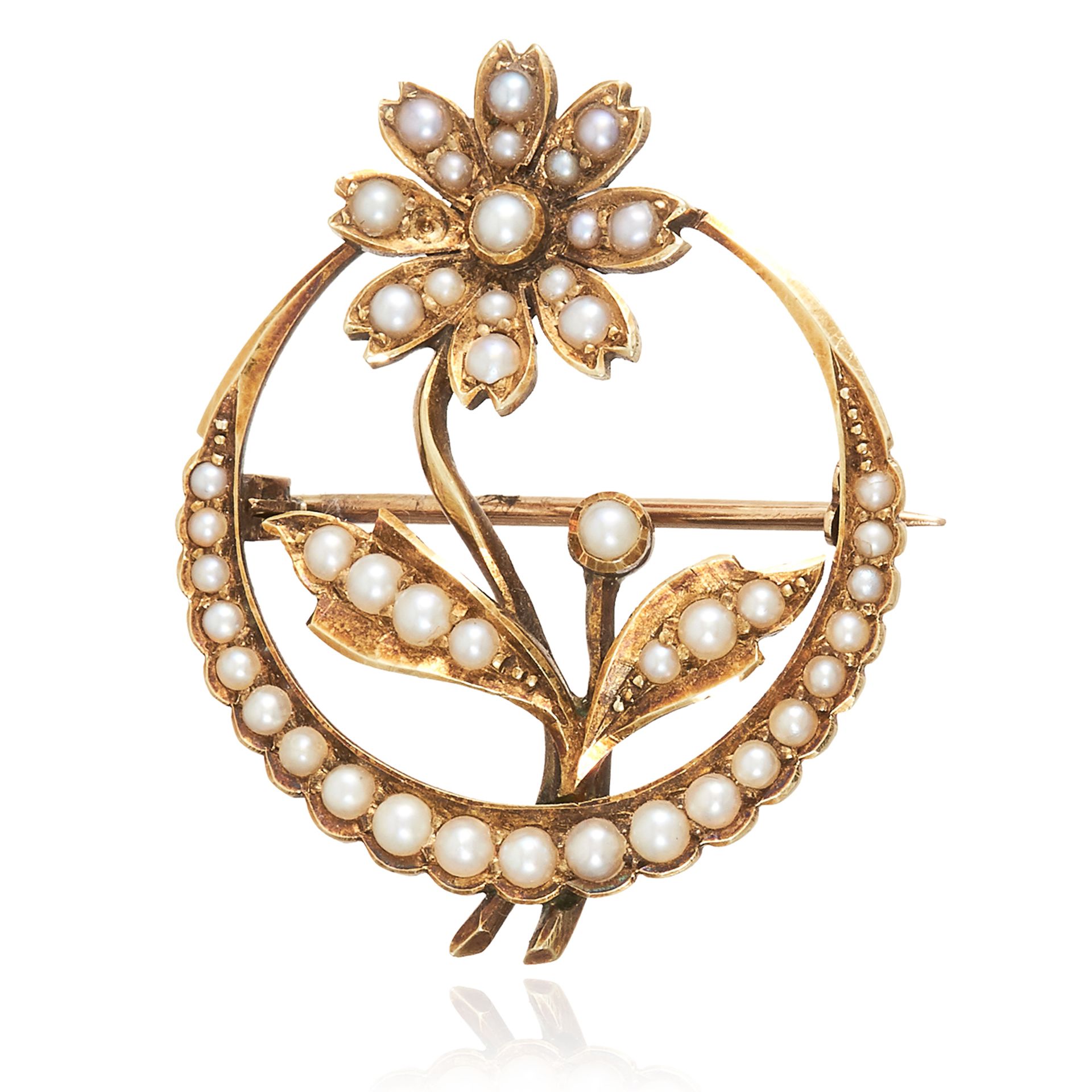 AN ANTIQUE SEED PEARL BROOCH in 14ct yellow gold, comprising of moon and flower motif jewelled