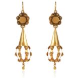A PAIR OF ANTIQUE EARRINGS, 19TH CENTURY in high carat yellow gold, the tapering bodies with