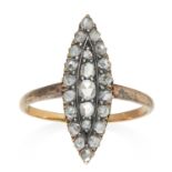 AN ANTIQUE DIAMOND DRESS RING in yellow gold and silver, the marquise face jewelled with rose cut