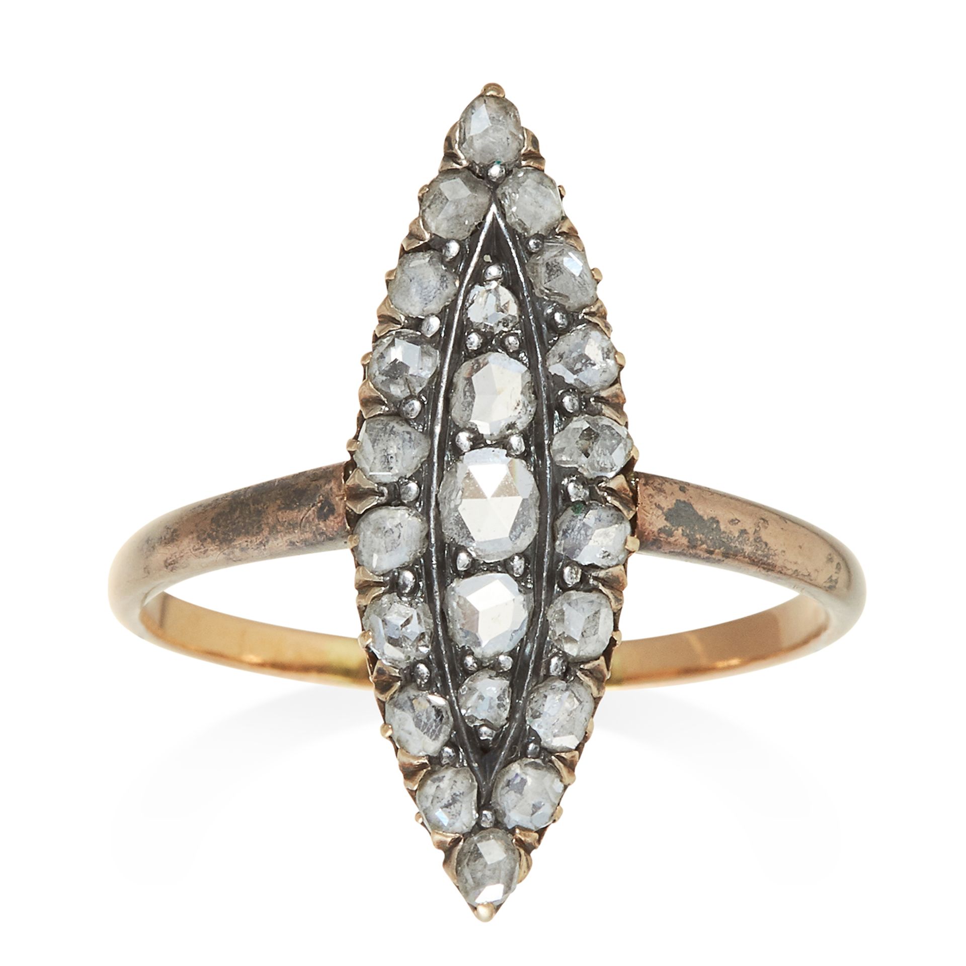 AN ANTIQUE DIAMOND DRESS RING in yellow gold and silver, the marquise face jewelled with rose cut