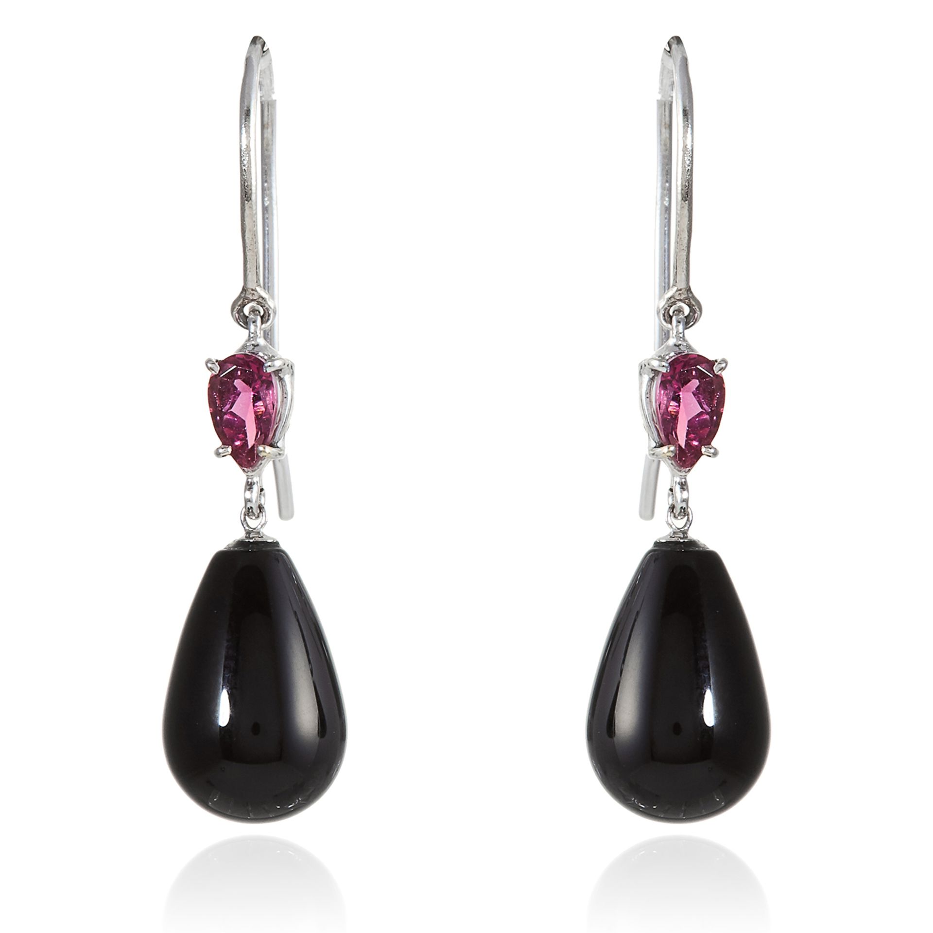 A PAIR OF ONXY AND TOURMALINE EARRINGS in white gold or platinum, each comprising of a pear cut