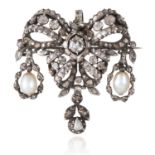A NATURAL SALTWATER PEARL AND DIAMOND PENDANT / BROOCH, CIRCA 1820 in white gold or silver, the