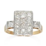 AN ART DECO DIAMOND RING in yellow gold and platinum, jewelled with fourteen round cut diamonds