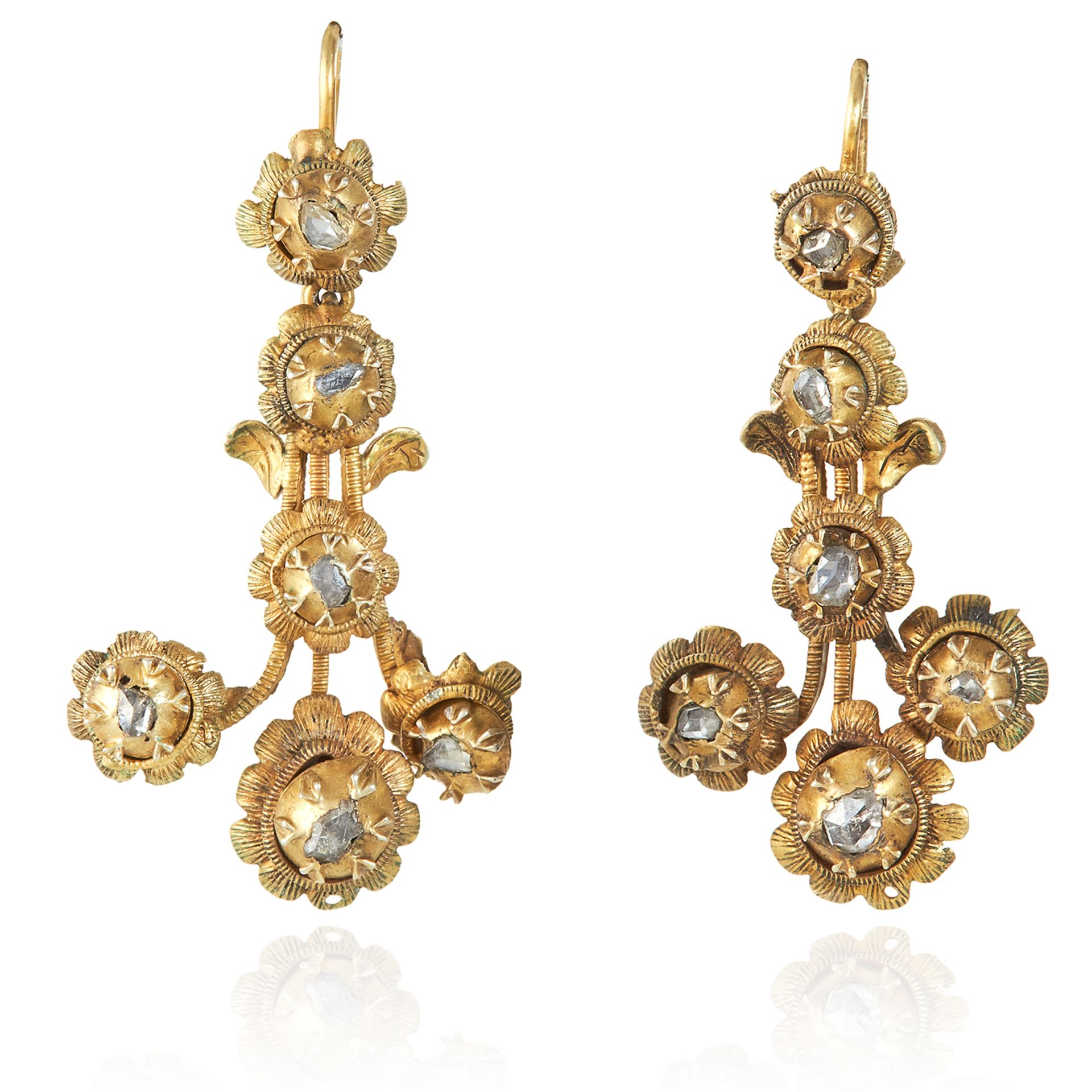 A PAIR OF ANTIQUE DIAMOND EARRINGS, 19TH CENTURY in high carat yellow gold, the fleur-de-lys style