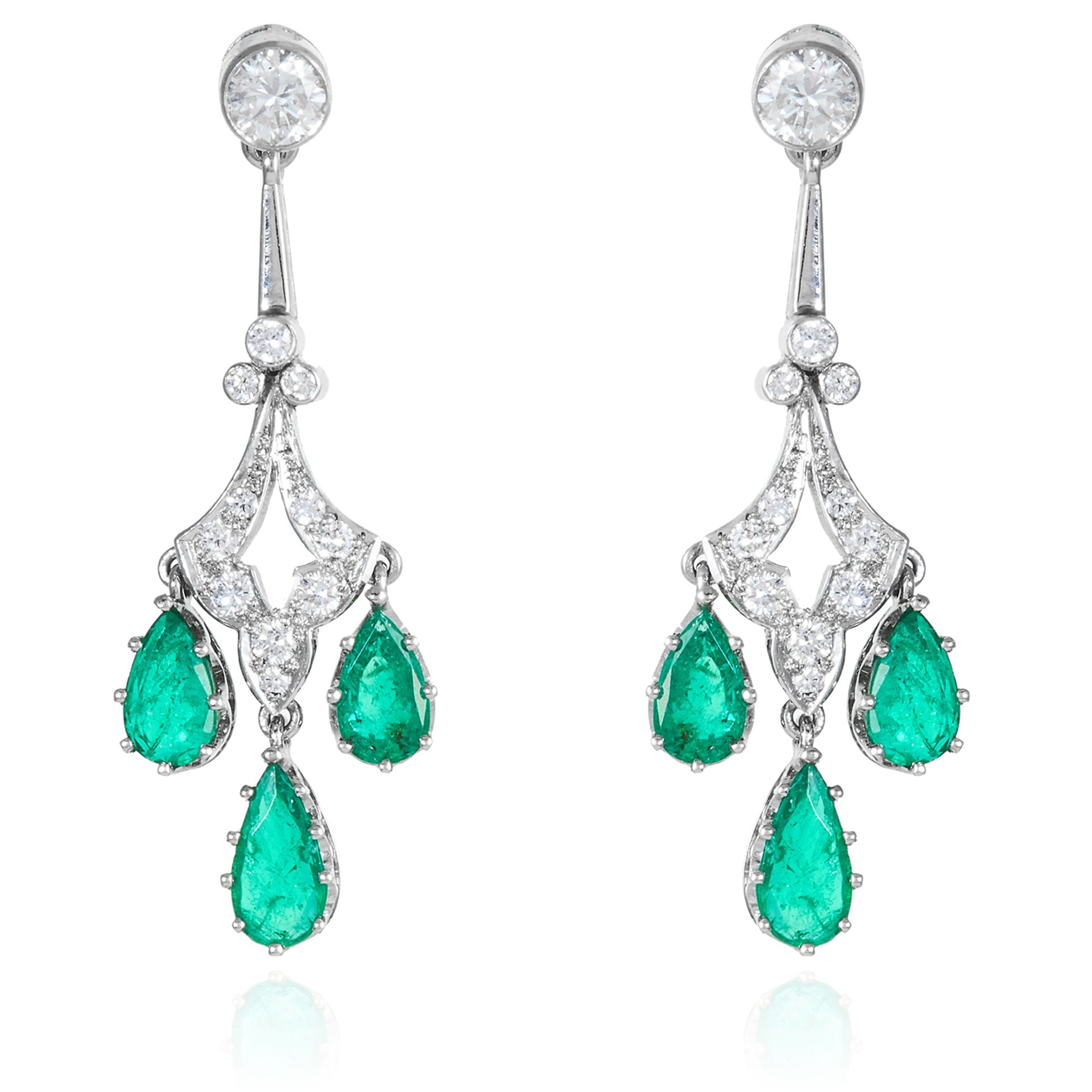 A PAIR OF EMERALD AND DIAMOND EARRINGS in platinum, comprising of pear cut emeralds totalling