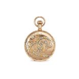 AN ANTIQUE POCKET WATCH, WALTHAM in 14ct gold, the circular case decorated with varicoloured gold