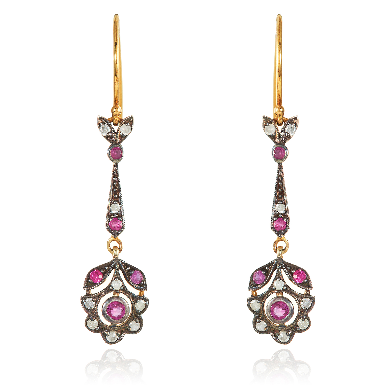 A PAIR OF RUBY AND DIAMOND EARRINGS in gold and silver, each cluster suspended below a jewelled