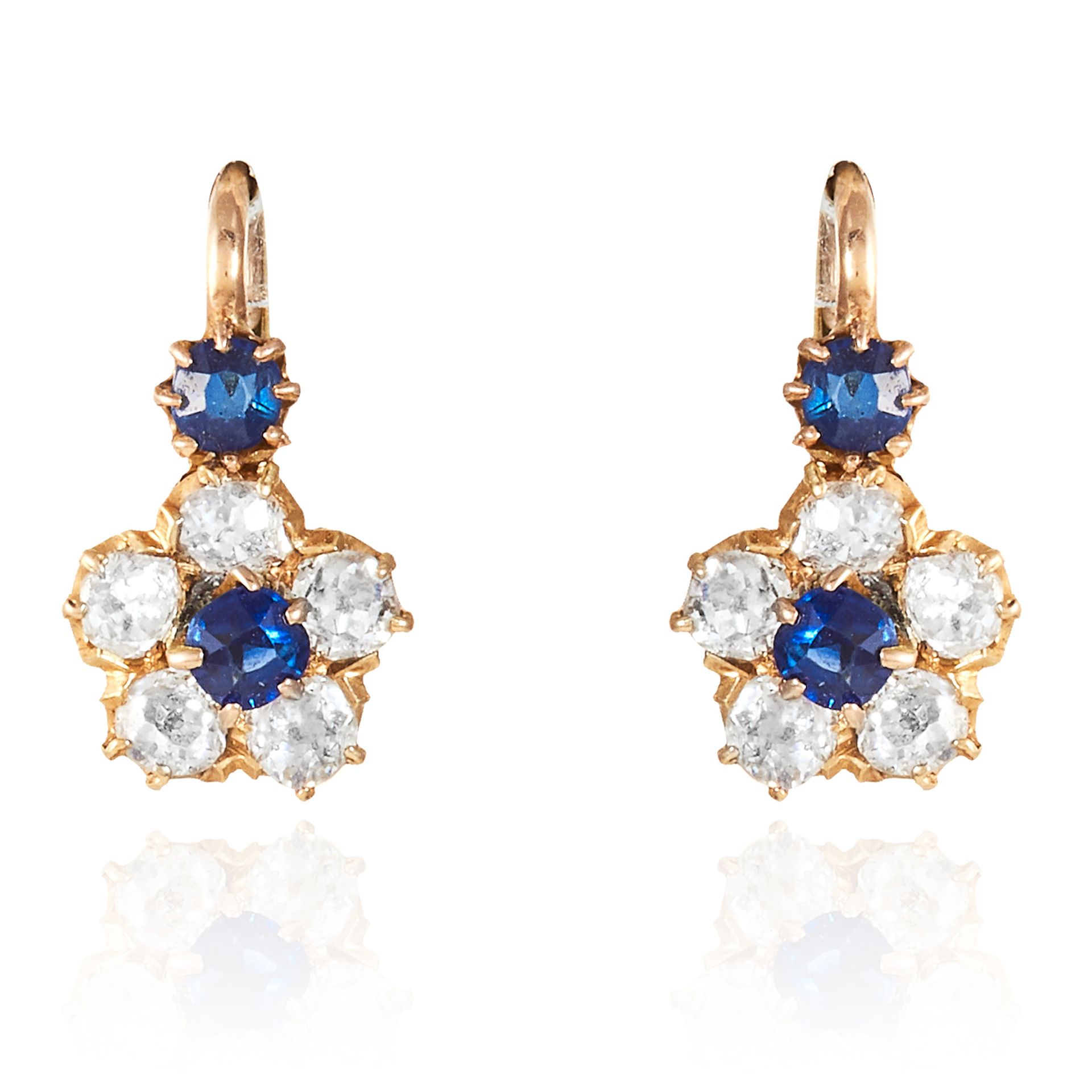 A PAIR OF ANTIQUE SAPPHIRE AND DIAMOND EARRINGS in yellow gold, each floral cluster accented by a