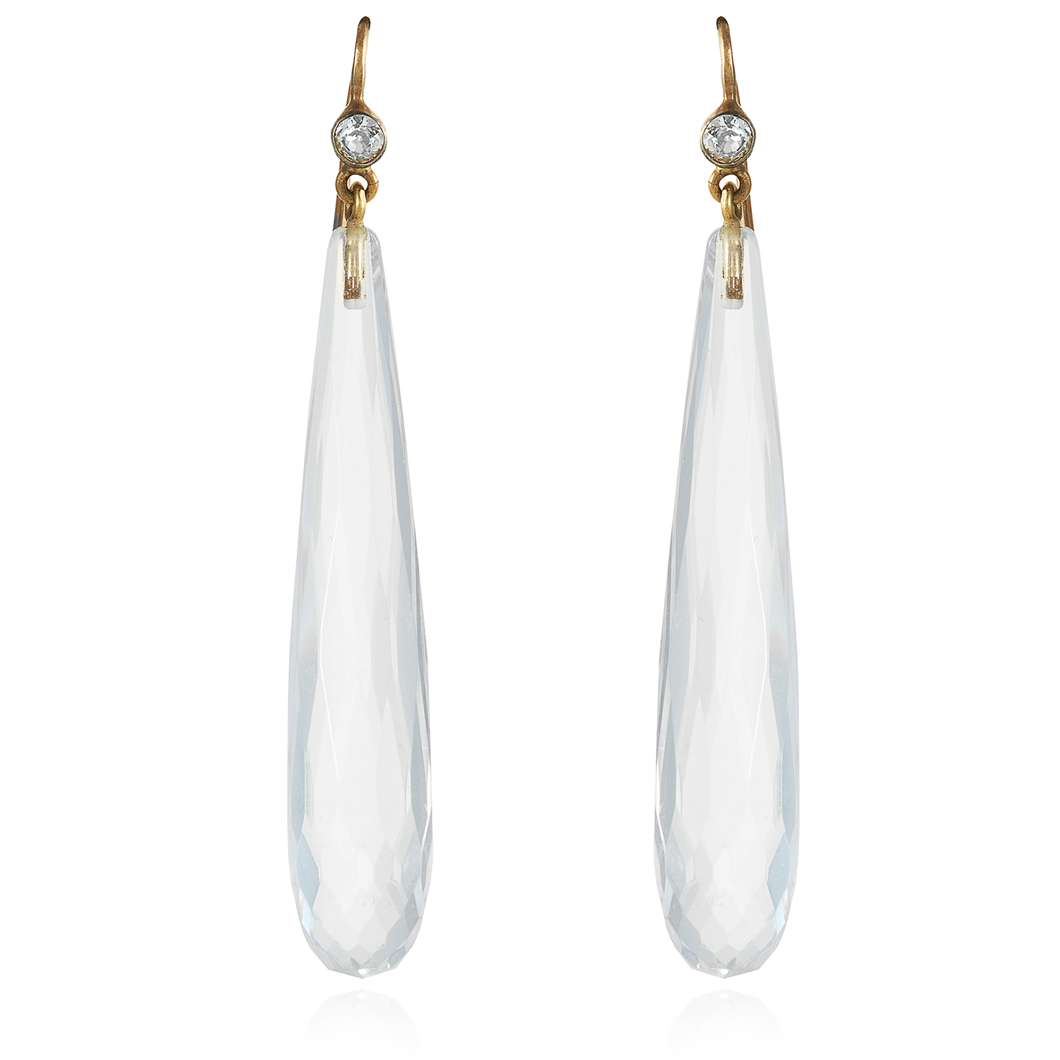 A PAIR OF ROCK CRYSTAL AND DIAMOND EARRINGS in yellow gold, the tapering faceted rock crystal bodies