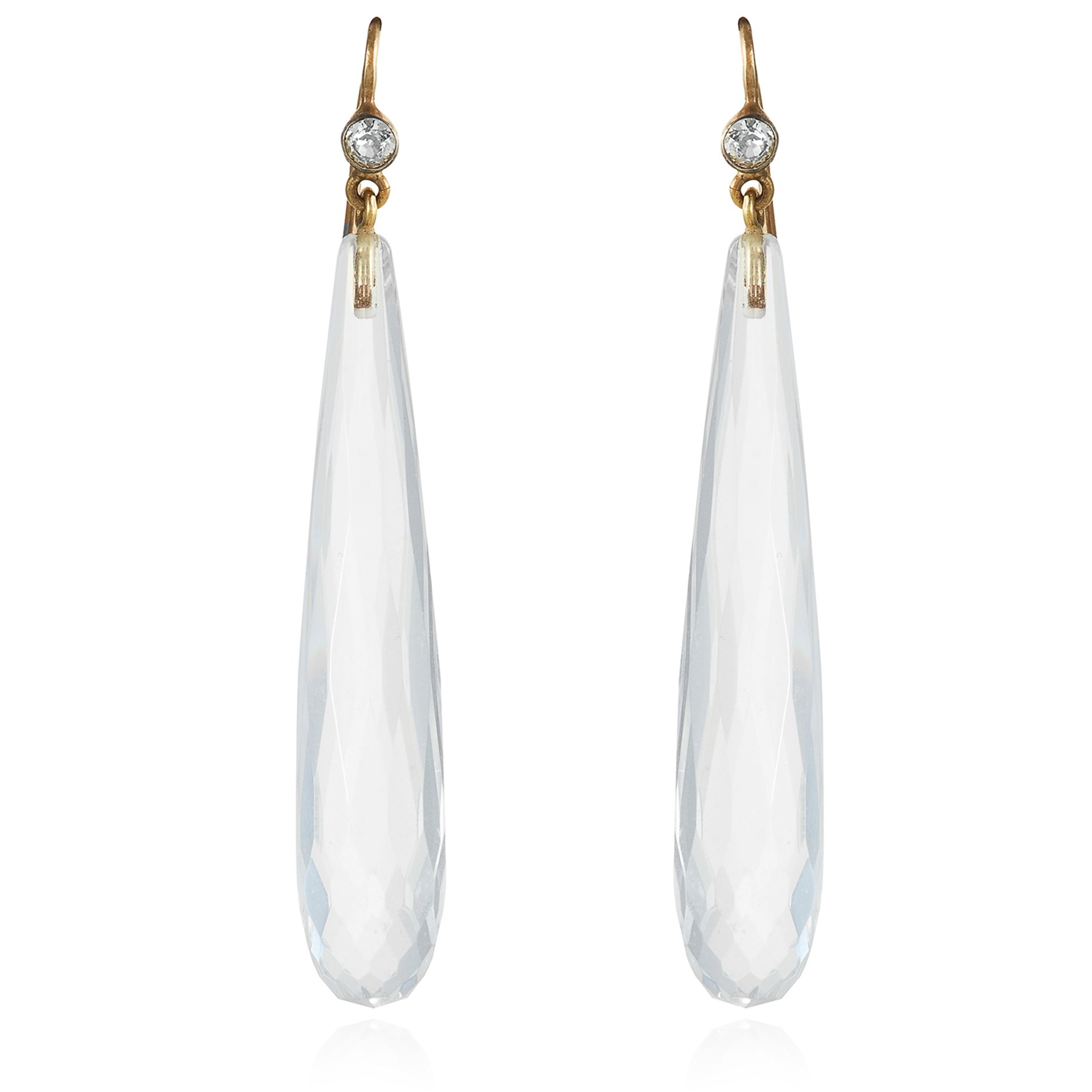 A PAIR OF ROCK CRYSTAL AND DIAMOND EARRINGS in yellow gold, the tapering faceted rock crystal bodies