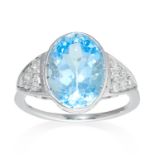 AN AQUAMARINE AND DIAMOND RING in platinum or white gold, the oval cut aquamarine of 6.09 carats