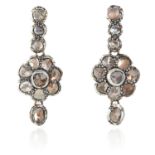A PAIR OF ANTIQUE DIAMOND EARRINGS in yellow gold and silver, the articulated bodies jewelled with