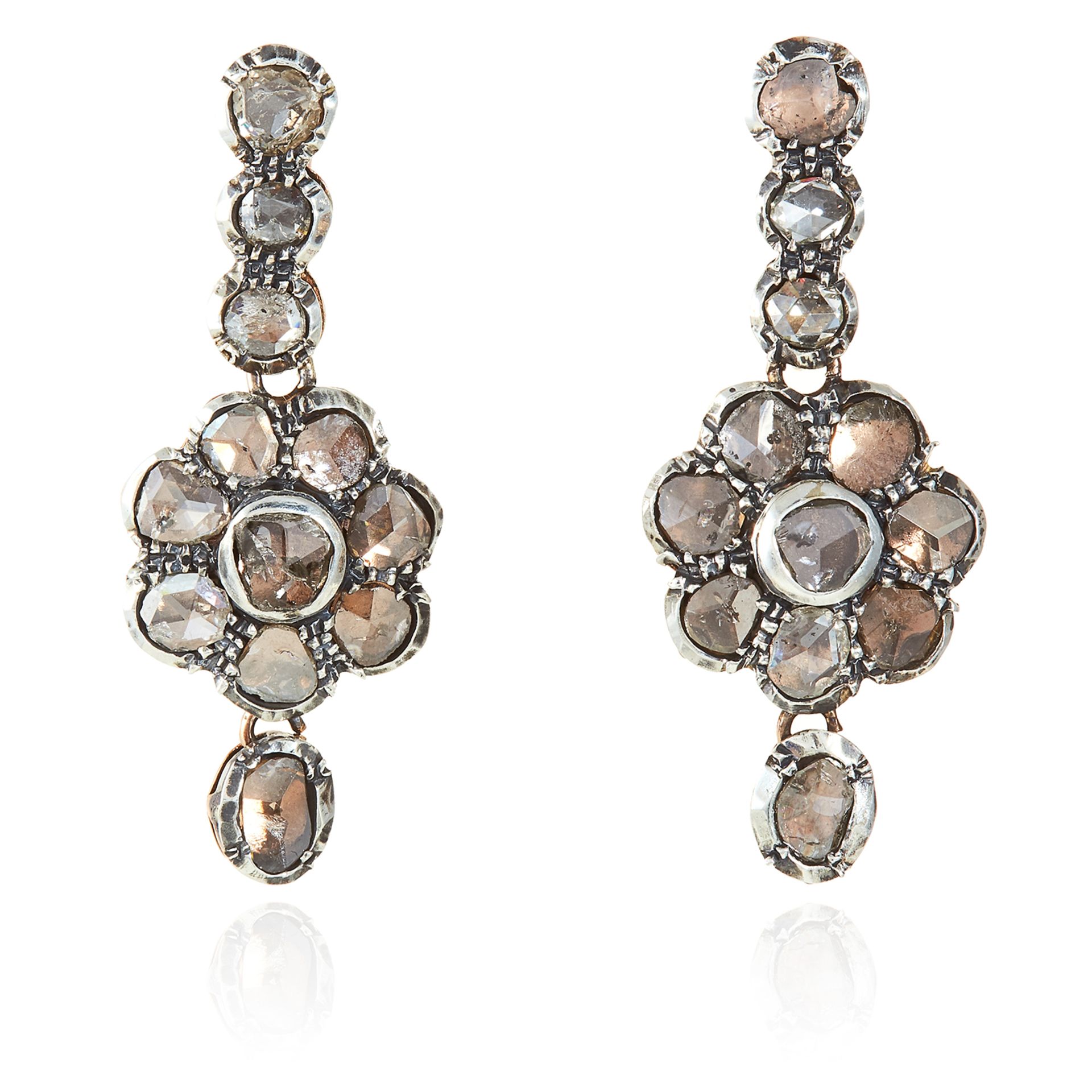 A PAIR OF ANTIQUE DIAMOND EARRINGS in yellow gold and silver, the articulated bodies jewelled with