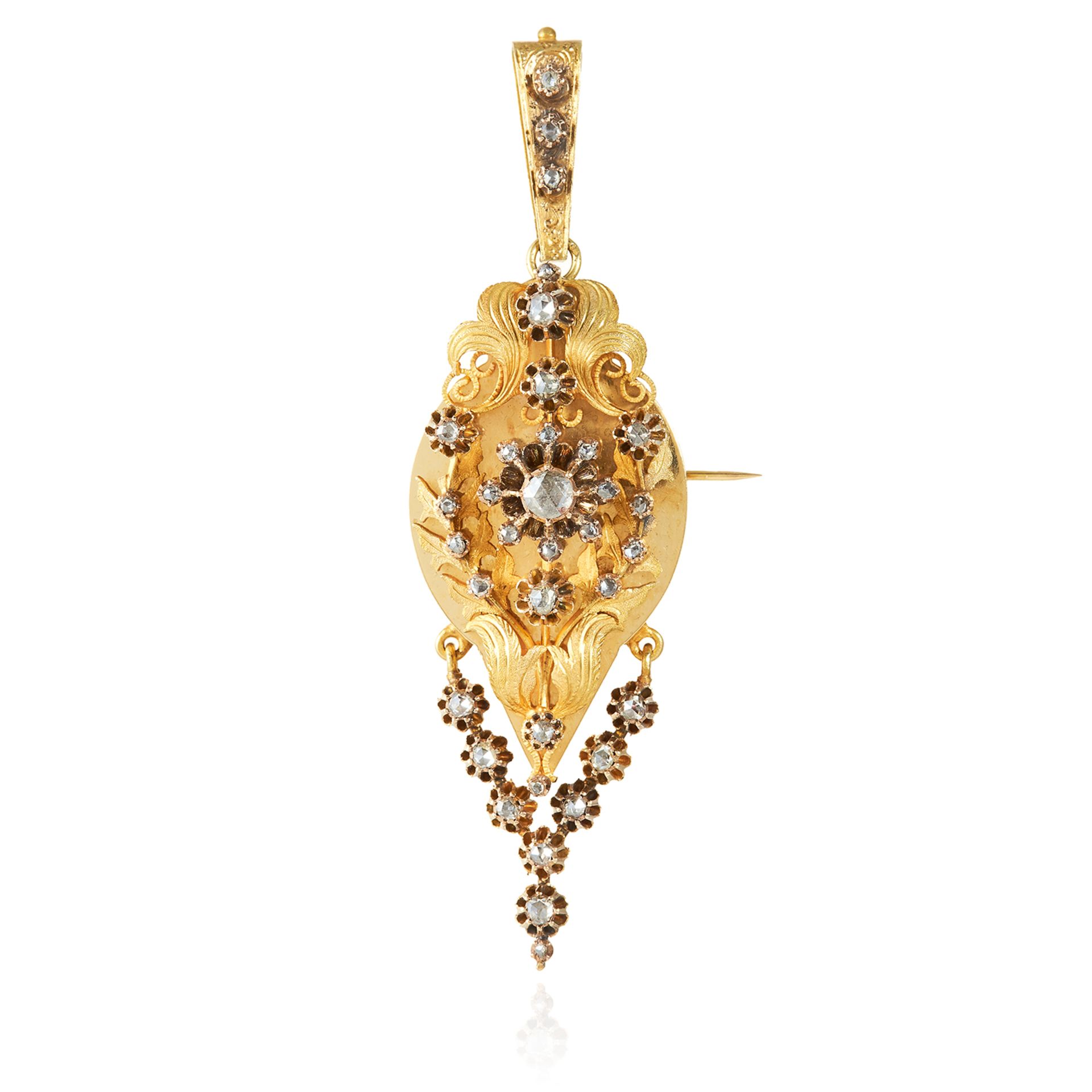 AN ANTIQUE DIAMOND MOURNING PENDANT, 19TH CENTURY in high carat yellow gold, jewelled with rose
