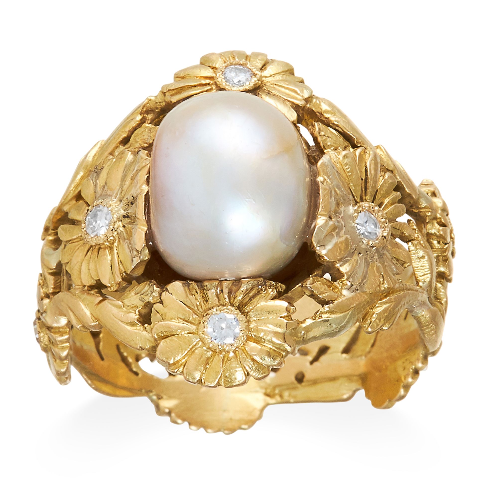 A NATURAL SALTWATER PEARL AND DIAMOND RING in high carat yellow gold, the 10.4mm pearl with flower