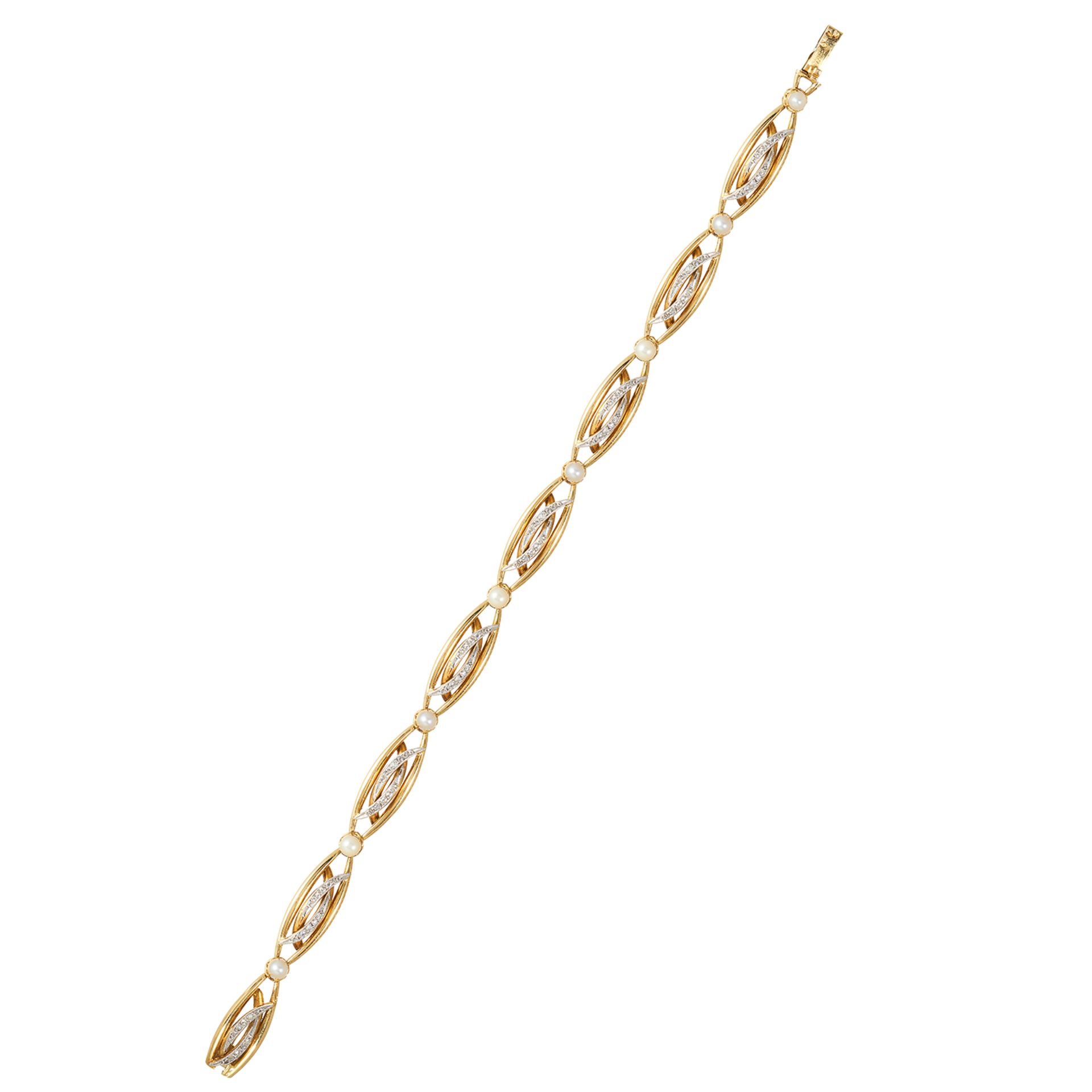 A DIAMOND AND PEARL LINK BRACELET in high carat yellow gold and platinum, comprising of eight