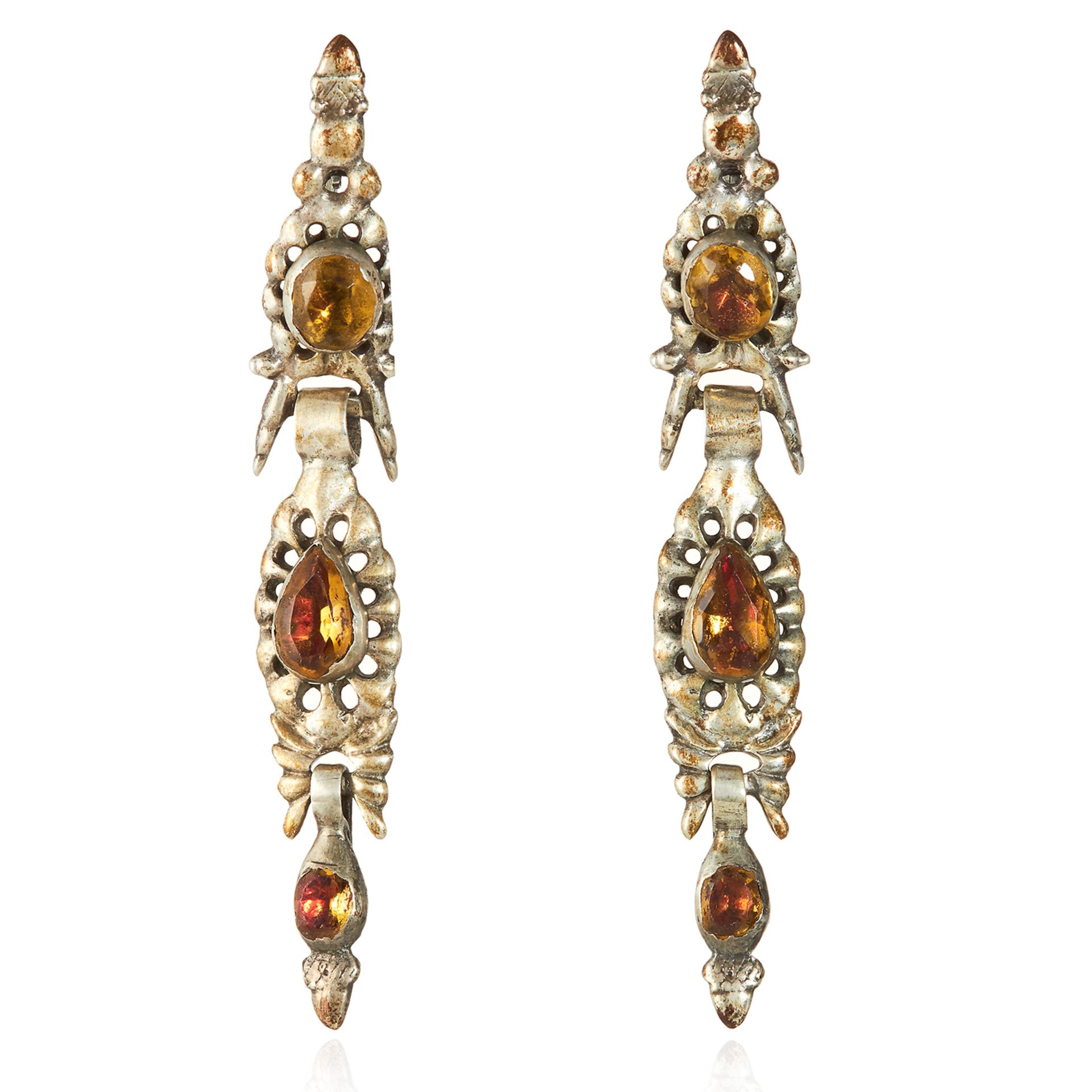 A PAIR OF ANTIQUE CATALAN FOILED PASTE EARRINGS CIRCA 1800 in silver, the articulated bodies