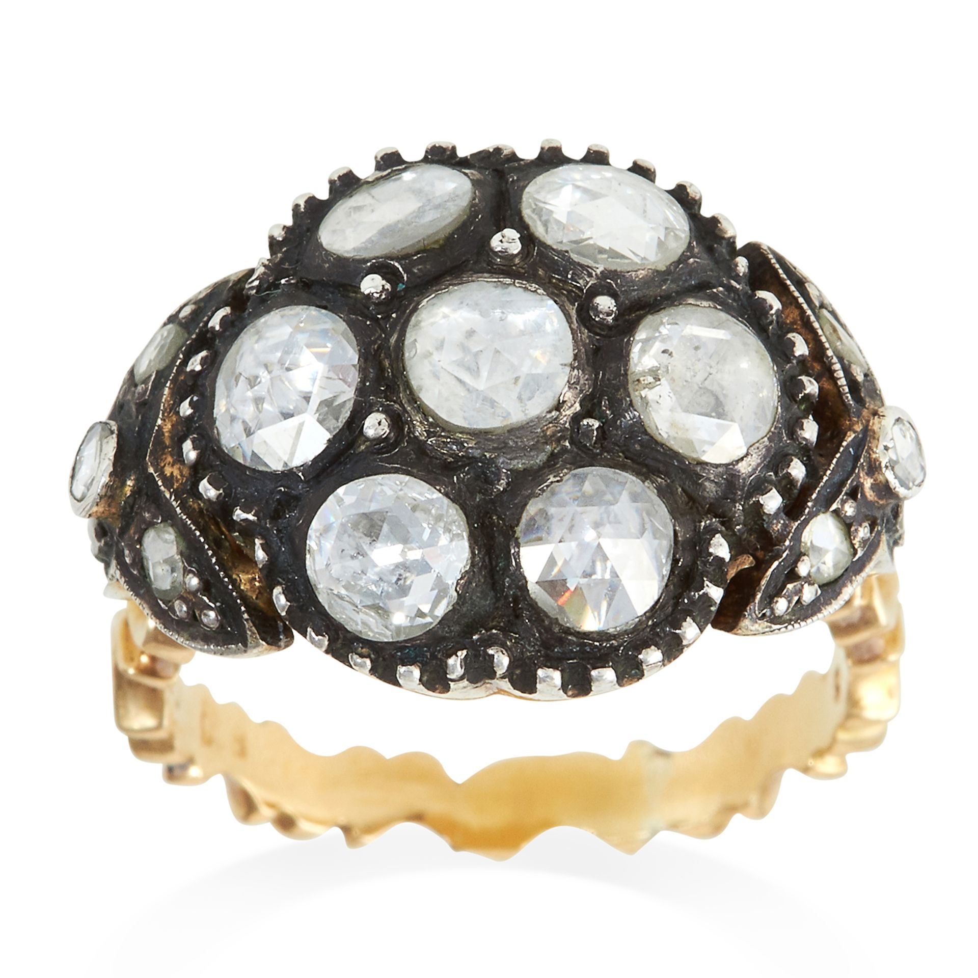 AN ANTIQUE DIAMOND CLUSTER RING, 19TH CENTURY set with seven rose cut diamonds accented by smaller
