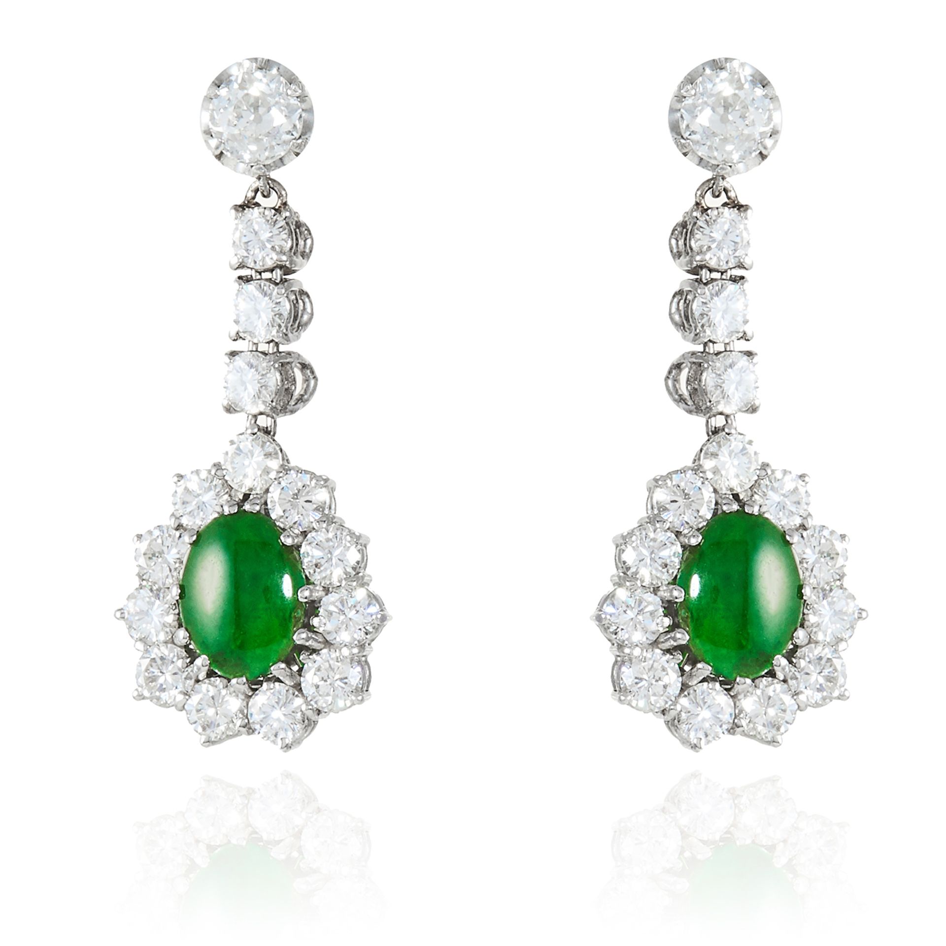 A PAIR OF JADEITE JADE AND DIAMOND EARRINGS in white gold or platinum, jewelled with round cut